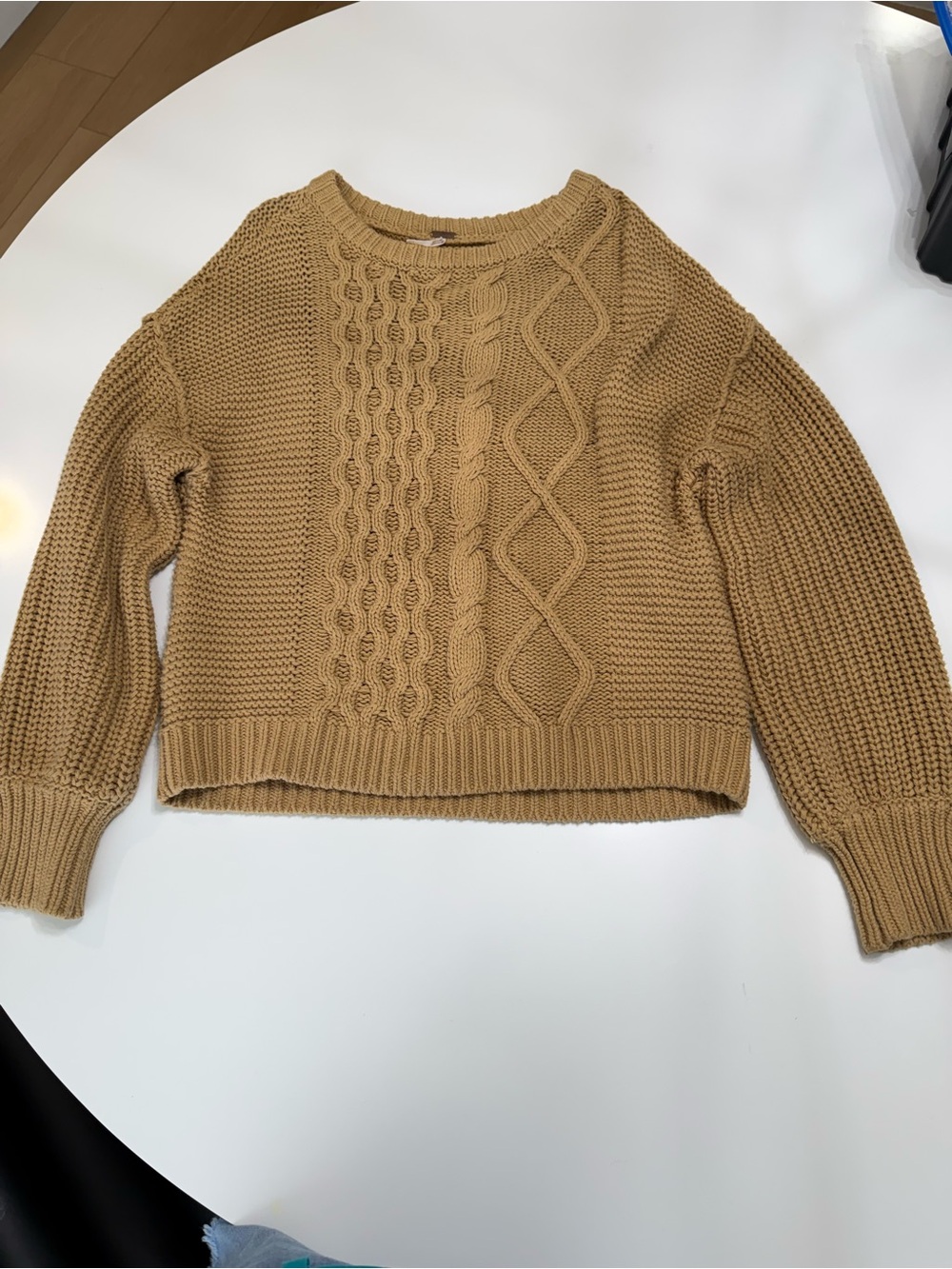 Free People Cable-Knit Scoop Sweater in Camel Brown Size Small - Picture 2 of 7